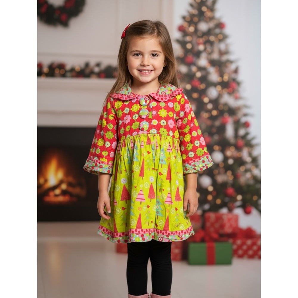 Jelly the Pug Girls Christmas Tree Floral Holiday Coat Dress Size 8